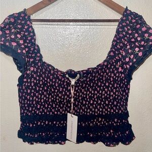 LoveShackFancy Navy Smocked Floral Crop Top with Pink Floral Print Size XL